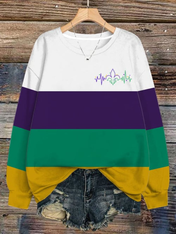 Women's Mardi Gras Heartbeat Printed Round Neck Sweatshirt