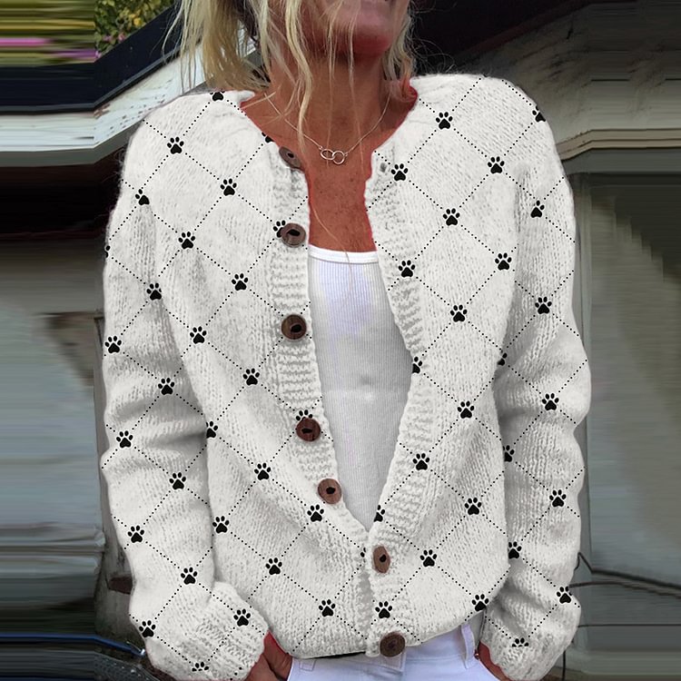 Dog Paw Print Casual Knitted Cardigan