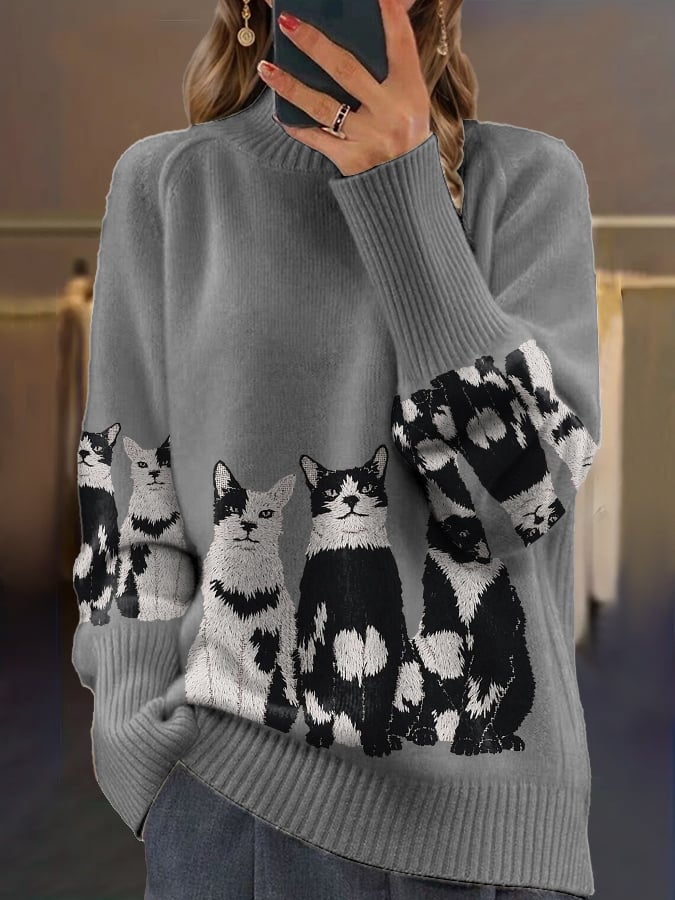 Womens Casual Cat Print Sweater