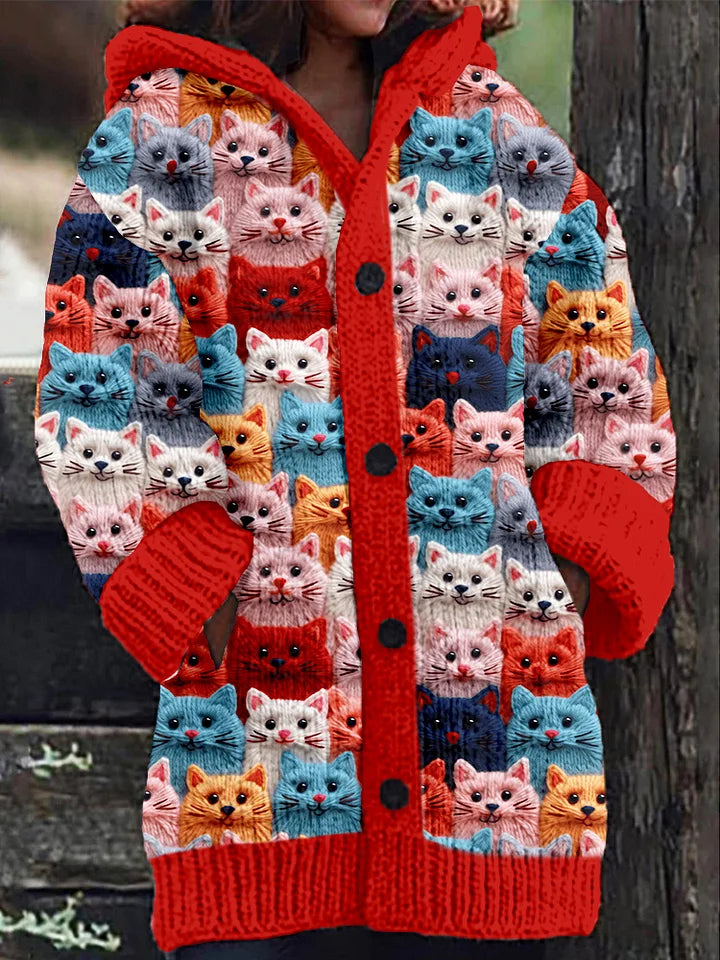 Colorful Spring Cats Pattern Cozy Hooded Cardigan