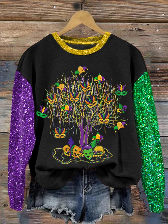 Women's Mardi Gras Tree Beads Print Casual Sweatshirt