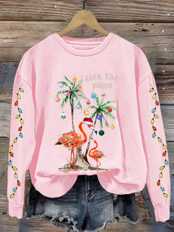 Women's Christmas Deck The Palms Printed Crew Neck Sweatshirt