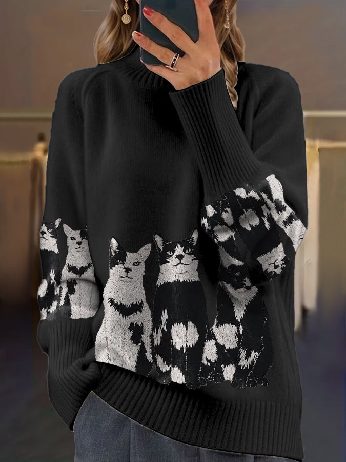 Womens Casual Cat Print Sweater