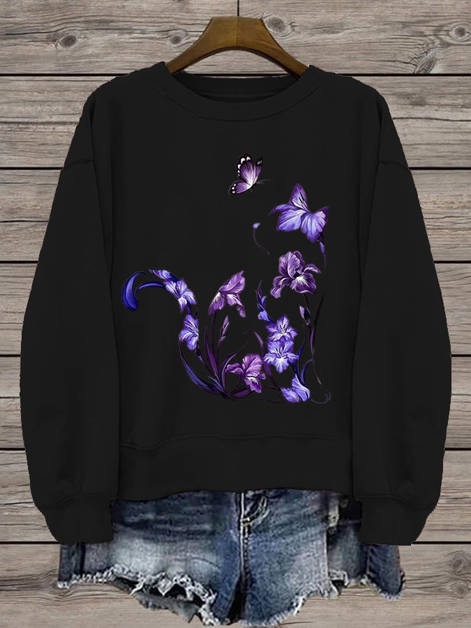 Women's Print Casual Round Neck Black Sweatshirt