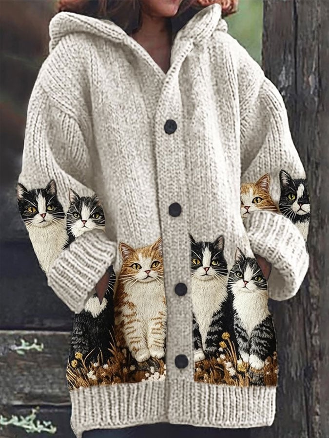 Women's Retro Cat Print Sweater Jacket