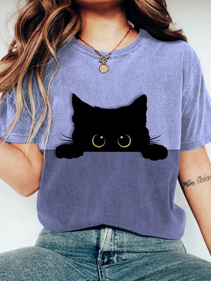 Abstract Creative Peek-A-Boo Black Cat Pattern Print Graphic T-Shirt