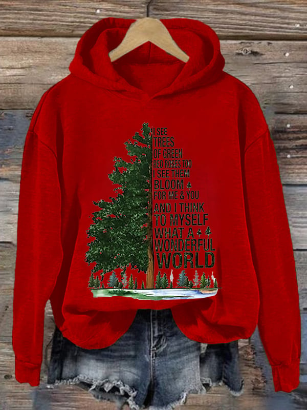 Retro Hippie Christmas I See Trees Of Green, Red Roses Too I See Them Bloom For Me And You And I Think To Myself What A Wonderful World Print Hoodie