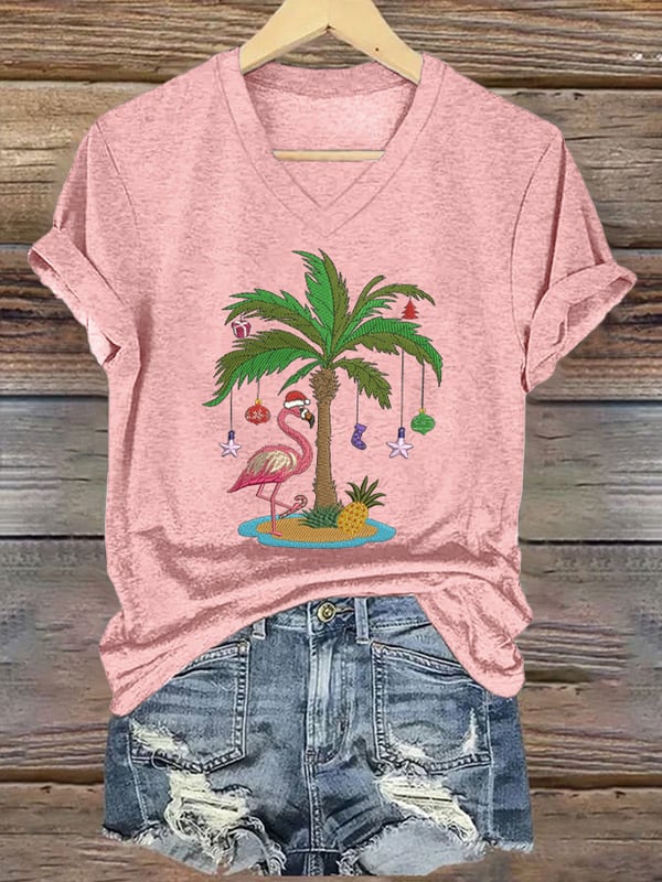 Women's Christmas Palm Tree Flamingo Embroidery Print T-Shirt