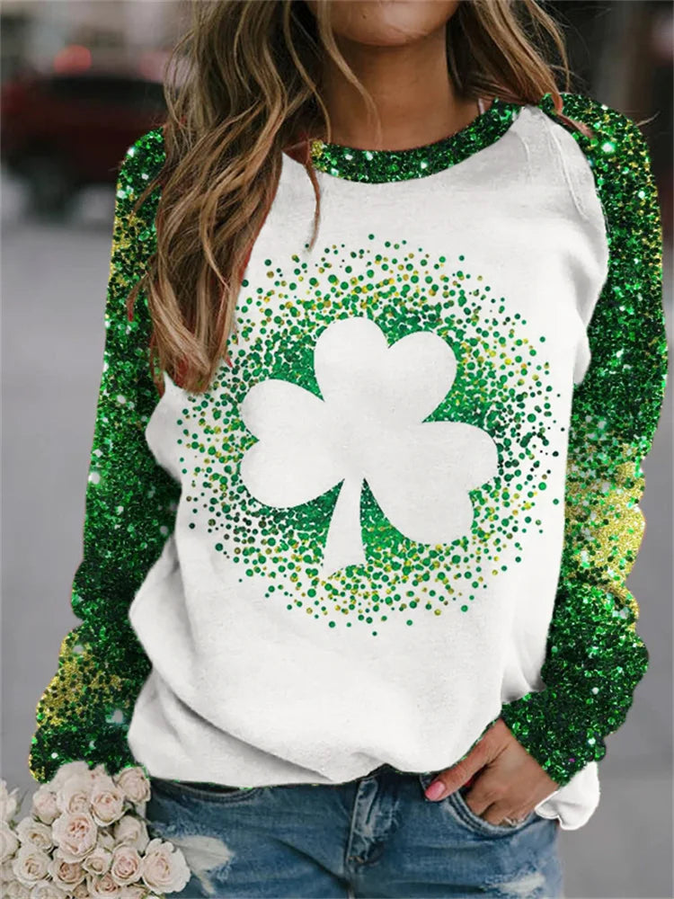 Wearshes St. Patrick's Day Shamrock Glitter Print Sweatshirt