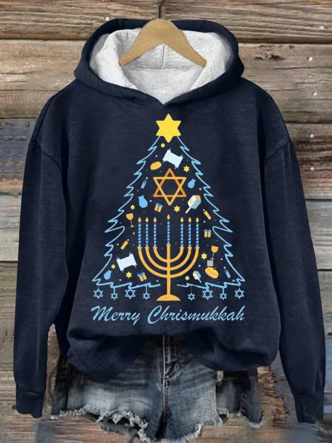 Women's Merry Chrismukkah Hanukkah Print Hooded Sweatshirt