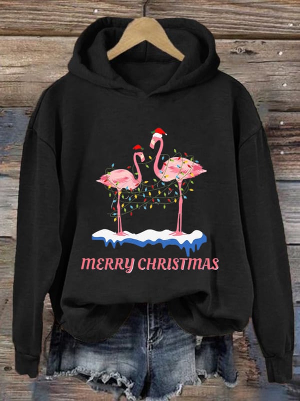 Women's Christmas Flamingo Print Casual Hoodie