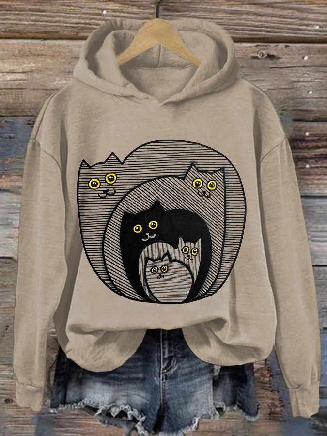 Women's Cat Print Long Sleeve Hoodie Sweatshirt