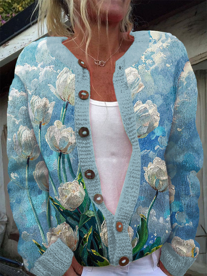 Women's Floral Oil Painting Art Cozy Knit Cardigan