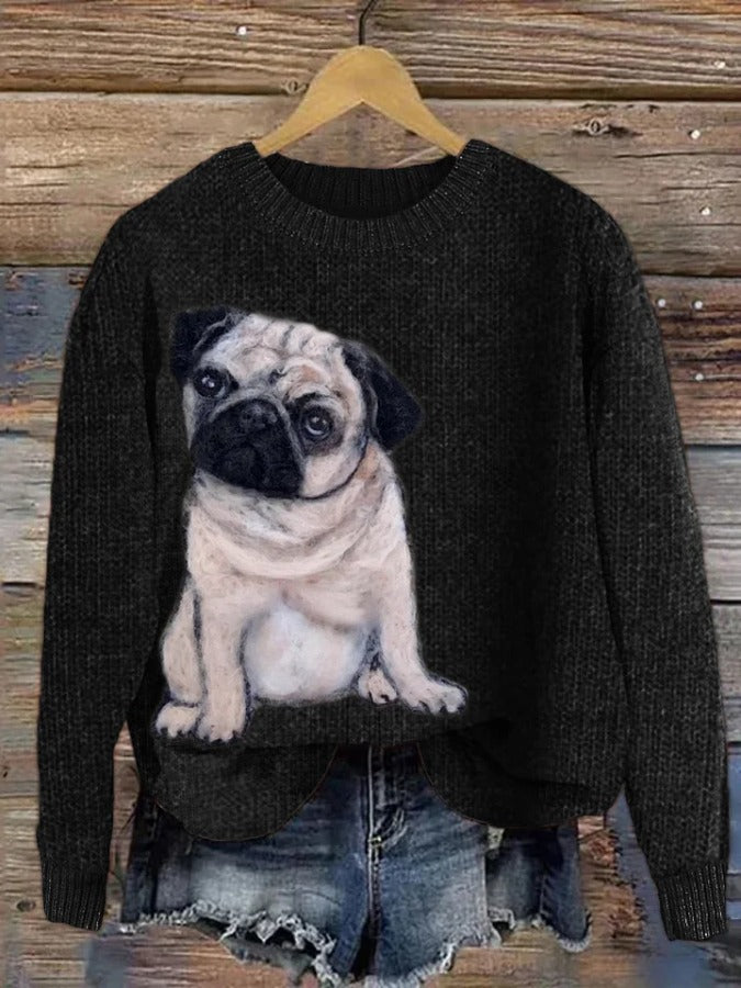 Lovely Pug Dog Wool Art Cozy Knit Sweater