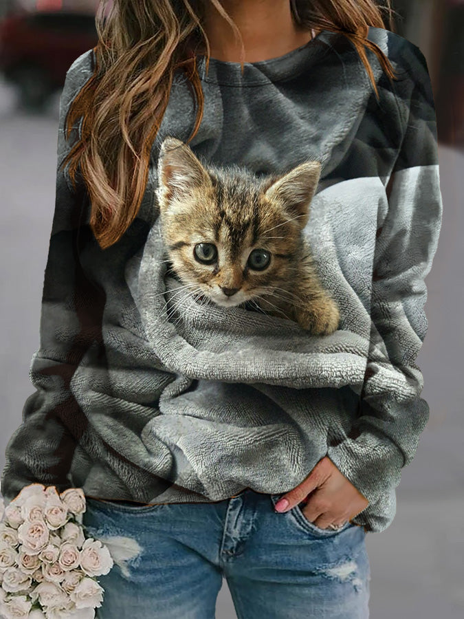 Women's Cat Print Casual Long Sleeve Sweatshirt