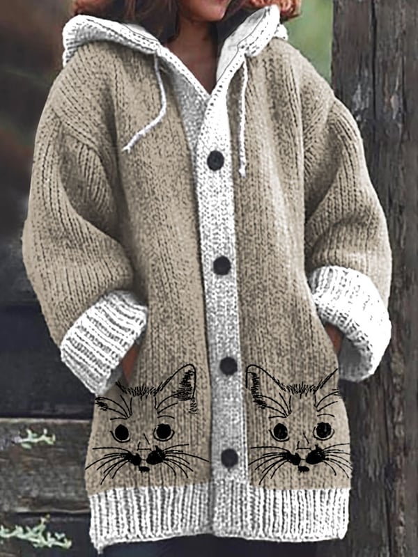 Women's Vintage Cute Cats Print Hooded Cardigan