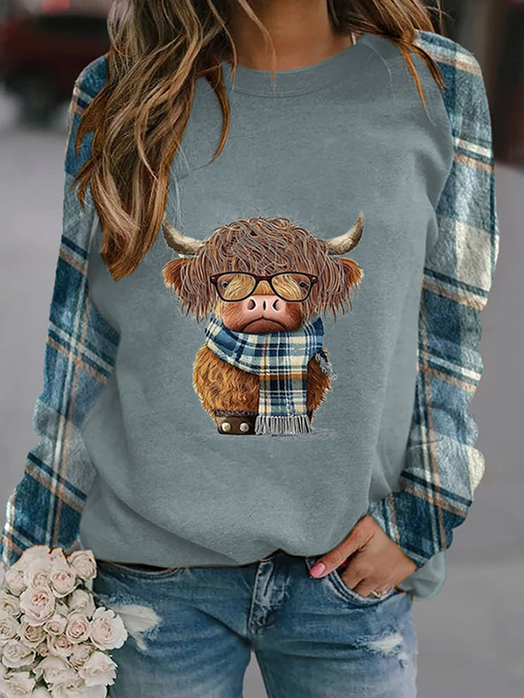 Women's Highland Cow Costume With Glasses Printed Casual Sweatshirt