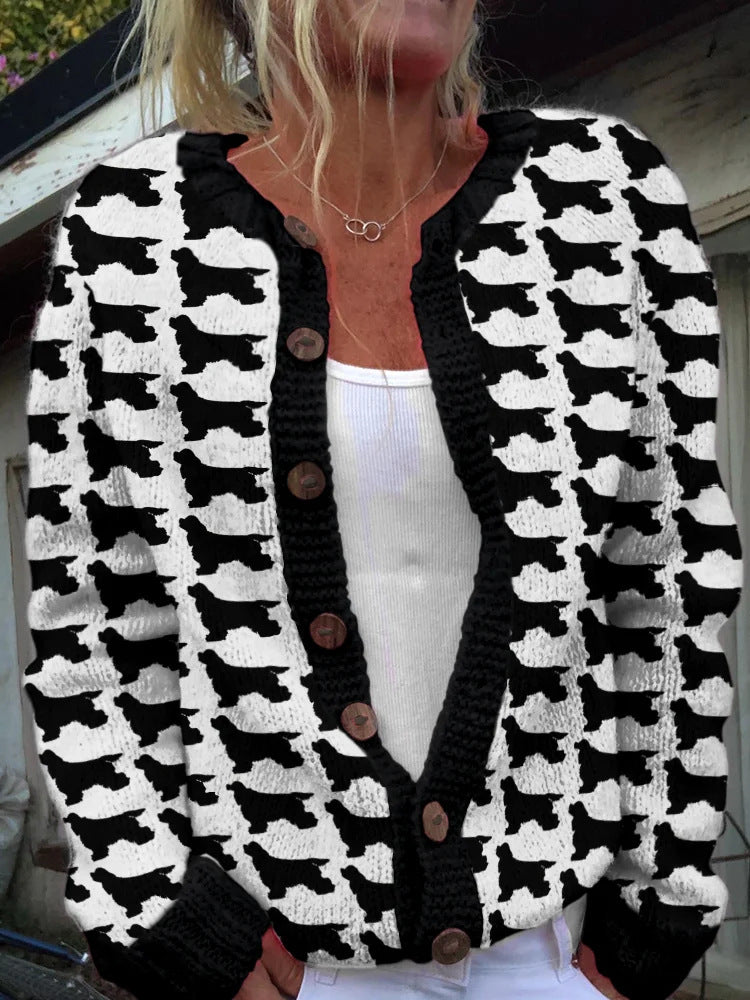 Animal Pattern Print Buttoned V-neck Cardigan Sweater