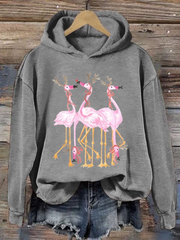 Women's Christmas Flamingo Print Casual Hoodie