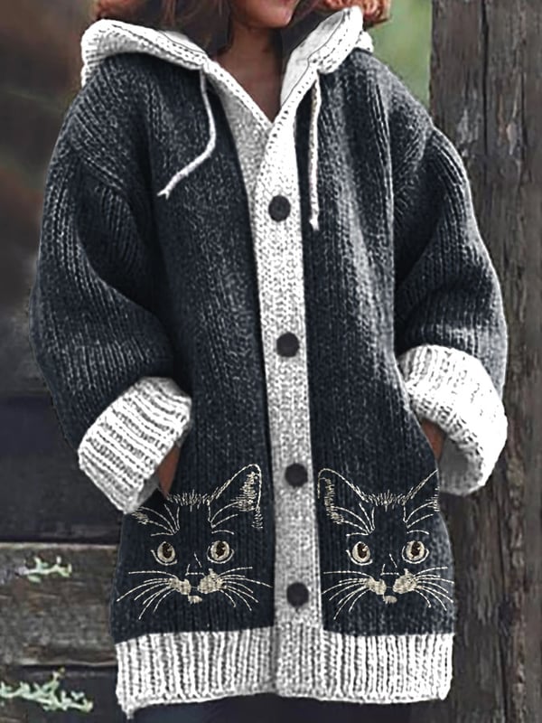 Women's Vintage Cute Cats Print Hooded Cardigan