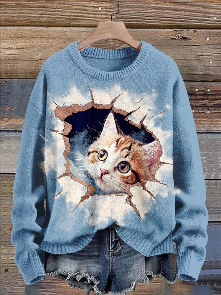 Retro Funny Cute Cat Art Print Knit Pullover Sweater