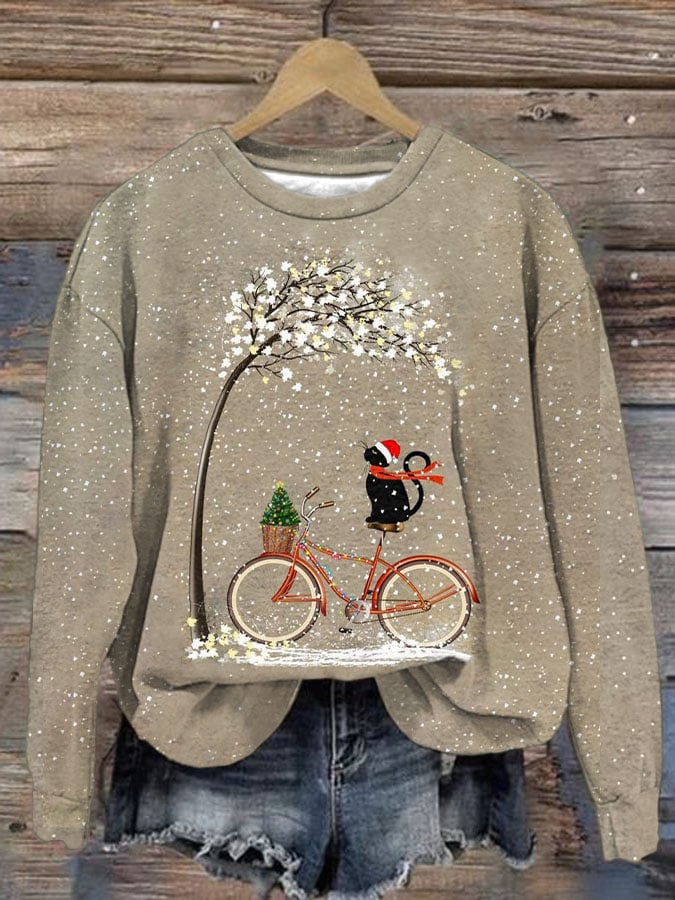 Women's Vintage Cute Cat Print Crew Neck Sweatshirt