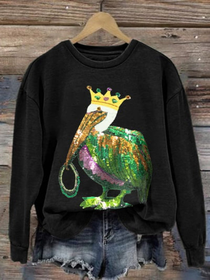 Retro Mardi Gras Pelican Crown And Beads Print Sweatshirt