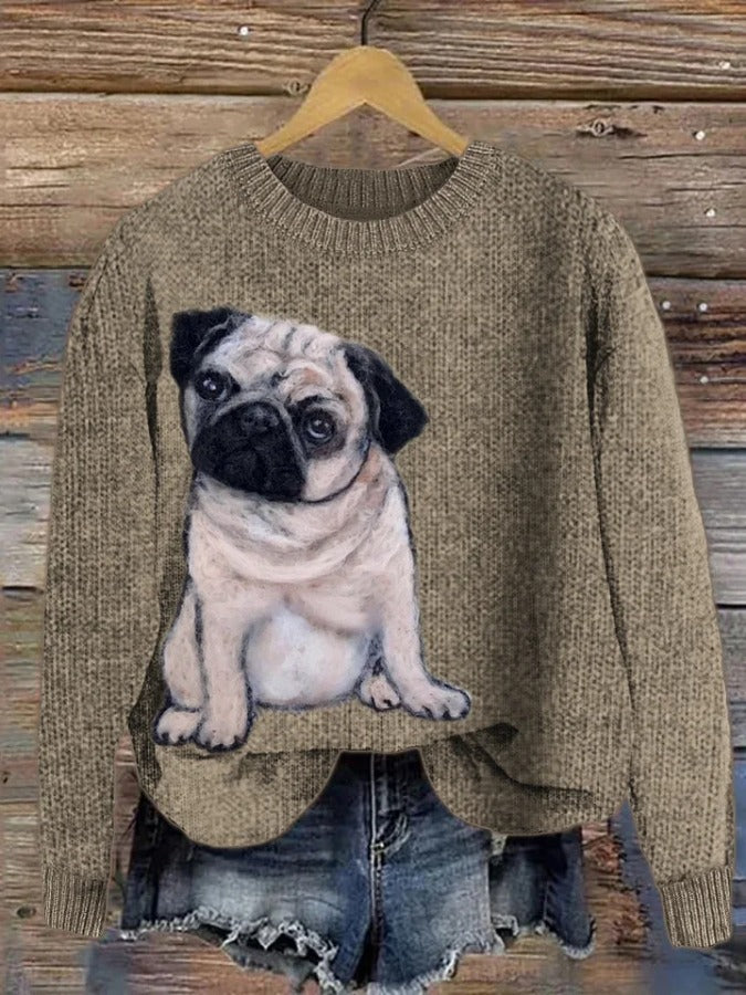 Lovely Pug Dog Wool Art Cozy Knit Sweater