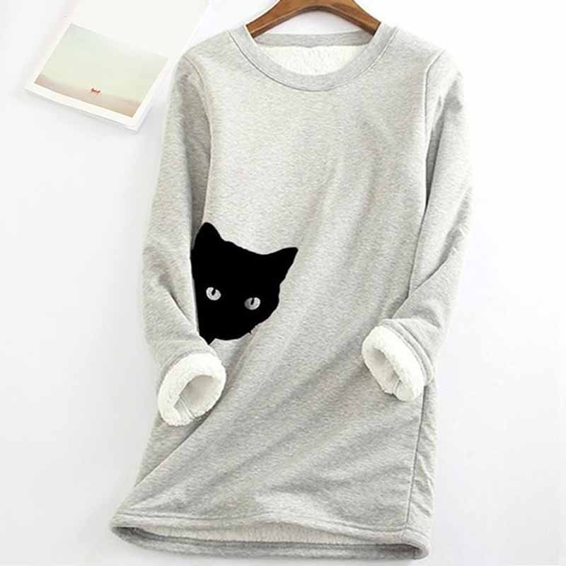 Lovely Cat Printed Thickened Fleece Warm Autumn Winter Sweatshirt