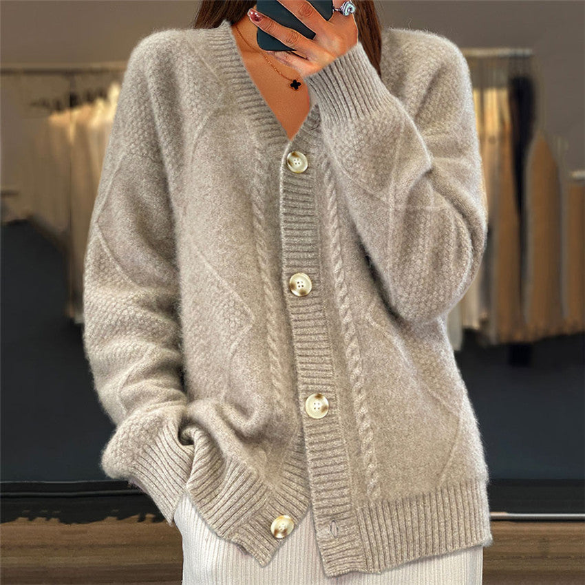 Women's Solid Color Jacquard Long Sleeve Cardigan