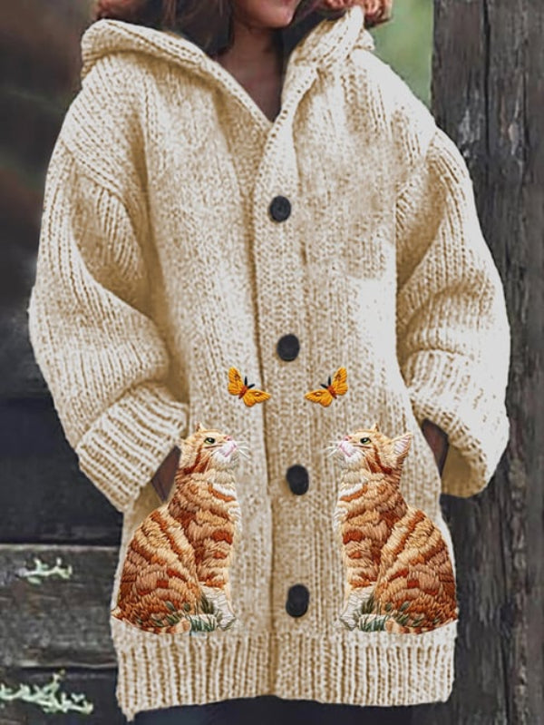 Women's Cute Cat Butterfly Print Loose Casual Sweater Hooded Jacket