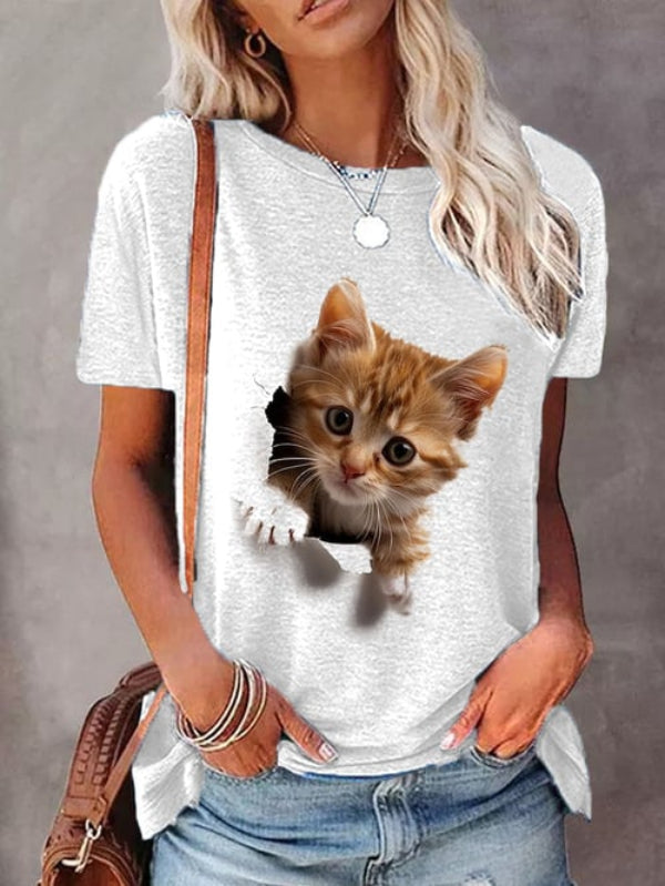 Women's Funny Cute Cat Print Casual Tee