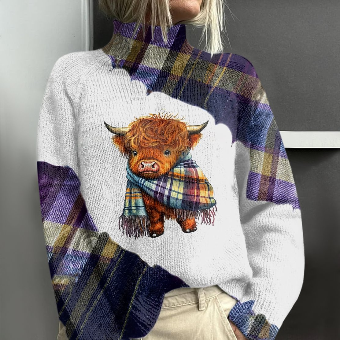 Vintage Highland Cow In Purple Plaid Knit Embroidery Cozy Sweater