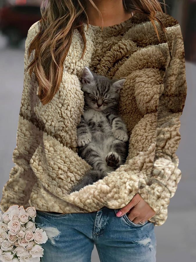 Women's Cat Print Round Neck Casual Sweatshirt