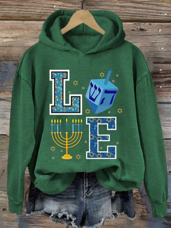 Langärmliges Kapuzen-Sweatshirt mit Aufdruck „Happy Hanukkah“ für Damen