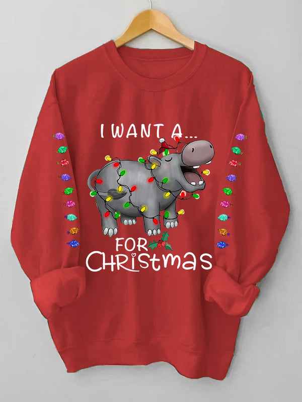 Women's I Want A Hippopotamus For Christmas Colorful Lights Holiday Gift Sweatshirt