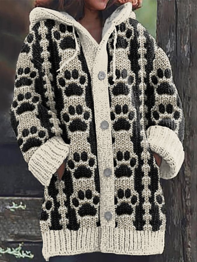 Women's Vintage Cute Cats Print Knitted Hooded Cardigan