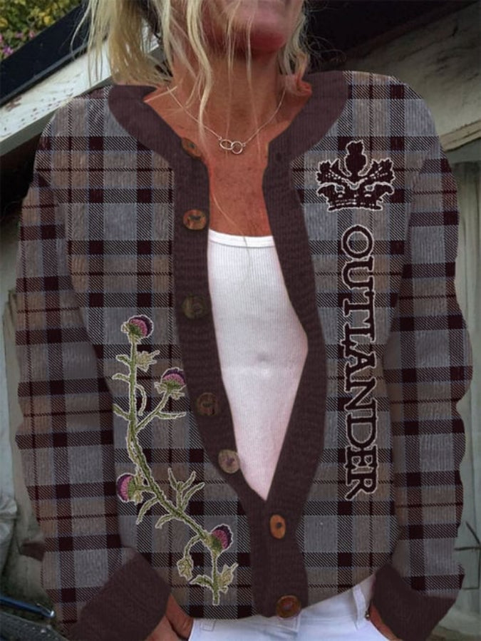 Women's Retro Outlander Sassenach Scottish Thistle Printed Knitted Cardigan