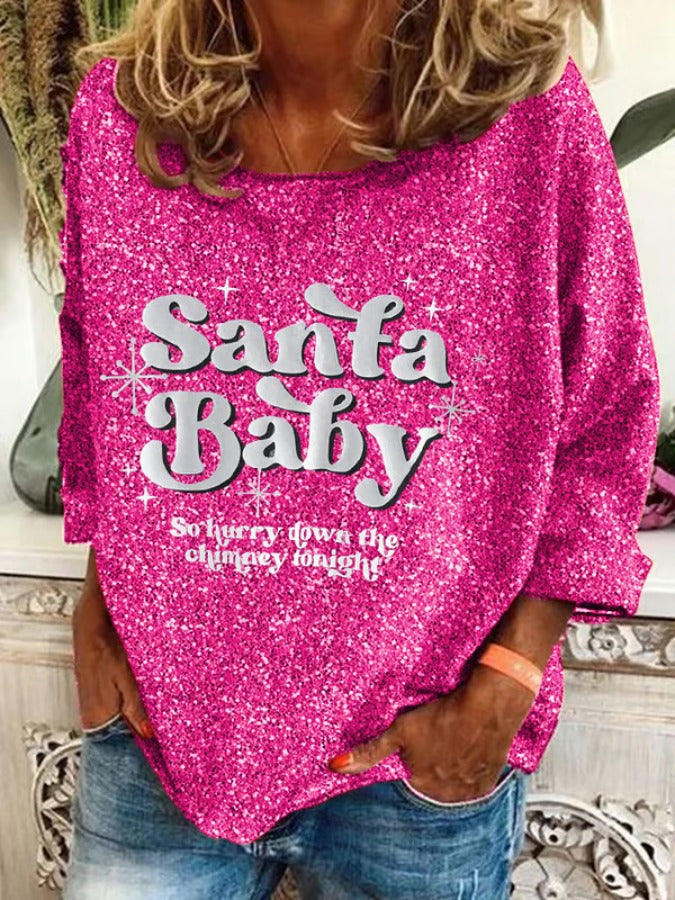 Damen-Langarmshirt mit Aufdruck „Santa Baby So Hurry Down The Chimney Tonight“ im Vintage-Weihnachtsstil