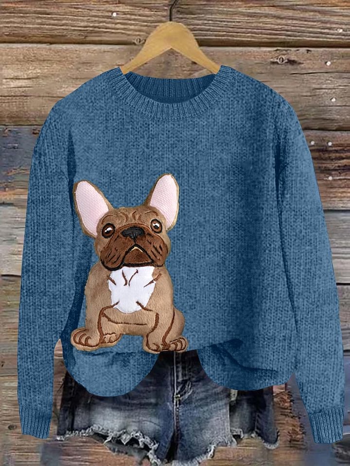 Cute French Bulldog Applique Embroidery Dog Art Cozy Sweater