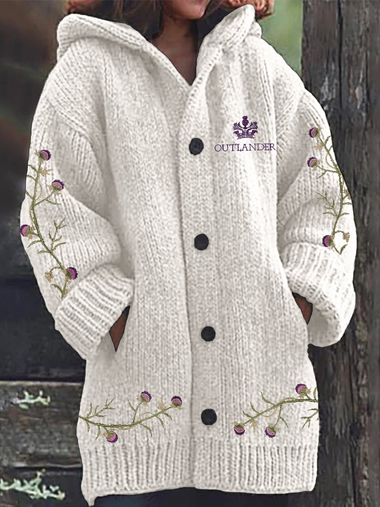 Historical Tv Show Thistle Embroidered Cozy Knit Hooded Cardigan