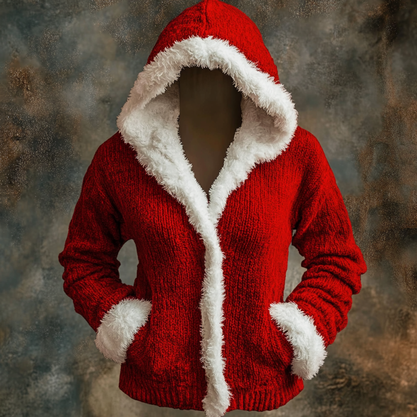 Pelzige Mrs.Santa Weihnachts-Strickjacke mit Kapuze