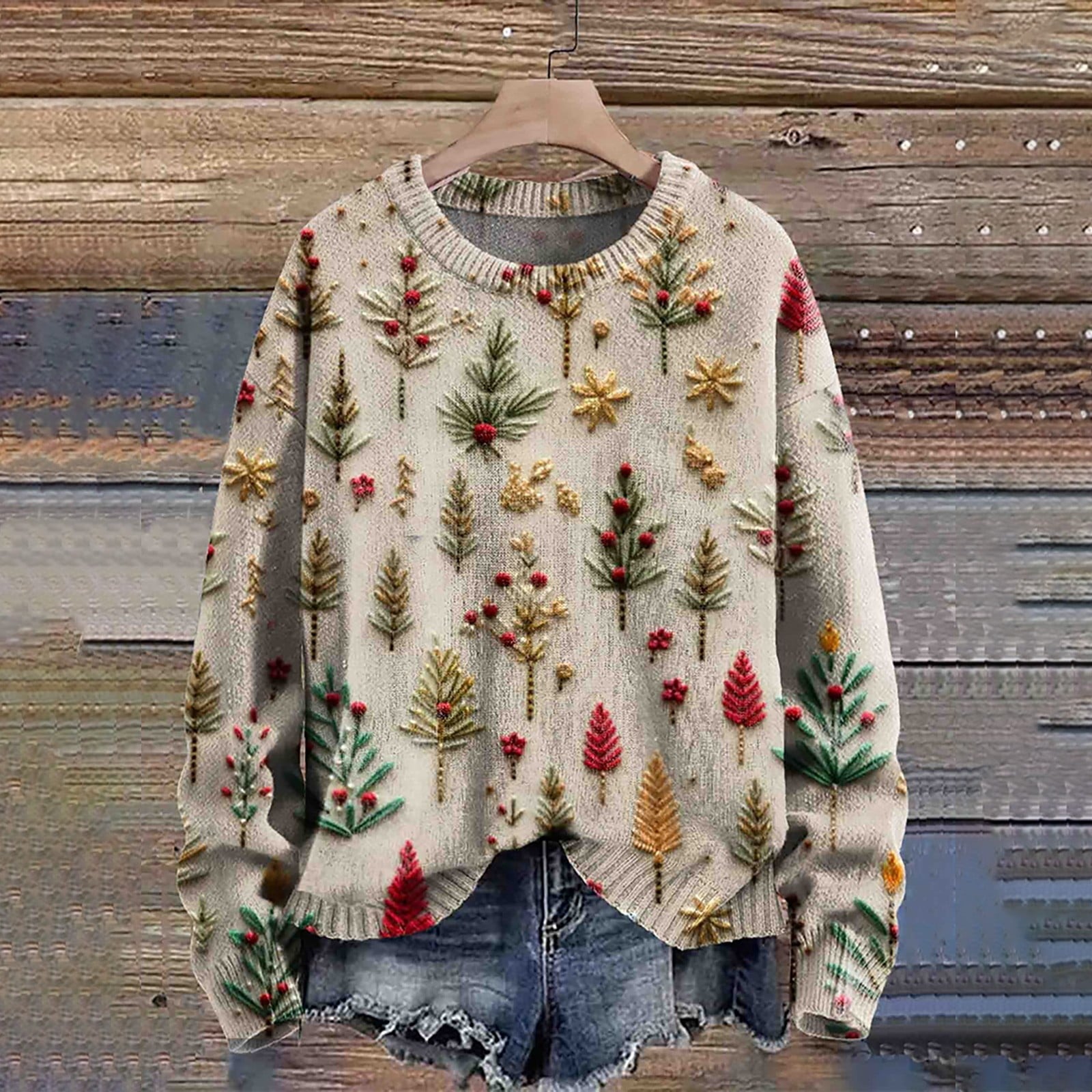 Damen-Strickpullover mit Weihnachtsbaum-Kunstdruck