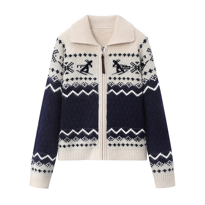 Color Blocking Jacquard Sweater Knitted Cardigan