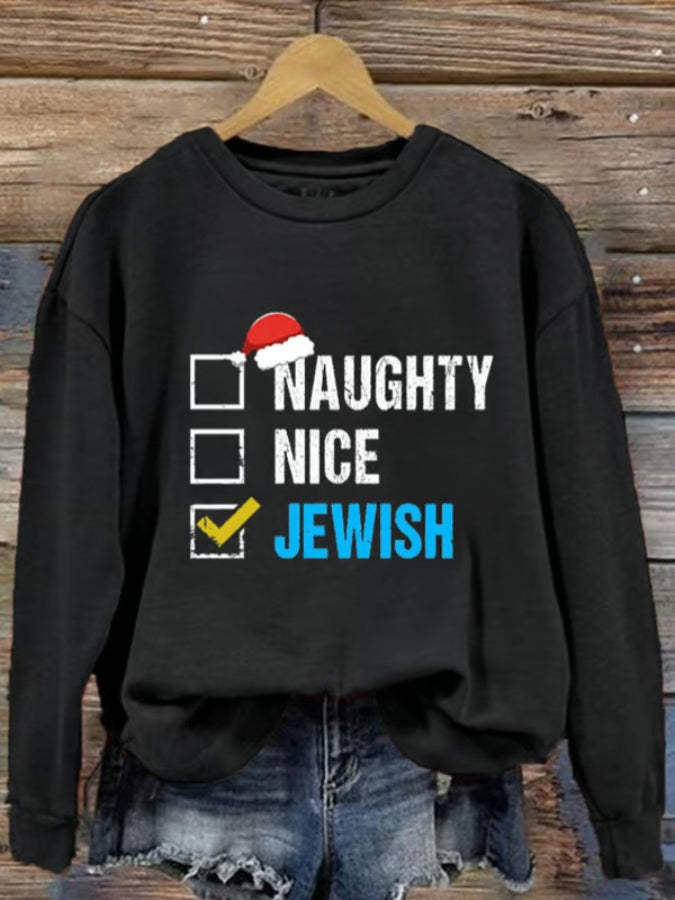 Women's Naughty Nice Jewish Hanukkah Printed Sweatshirt