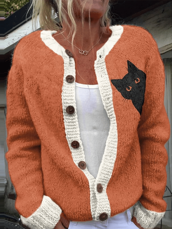 Strickjacke im Vintage-Stil mit Katzenmotiv für Damen