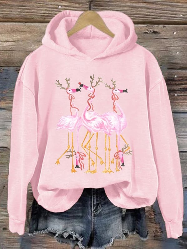 Women's Christmas Flamingo Print Casual Hoodie