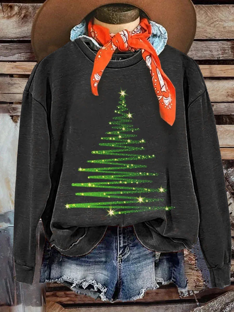 Women's Christmas Tree Print Crew Neck Sweatshirt