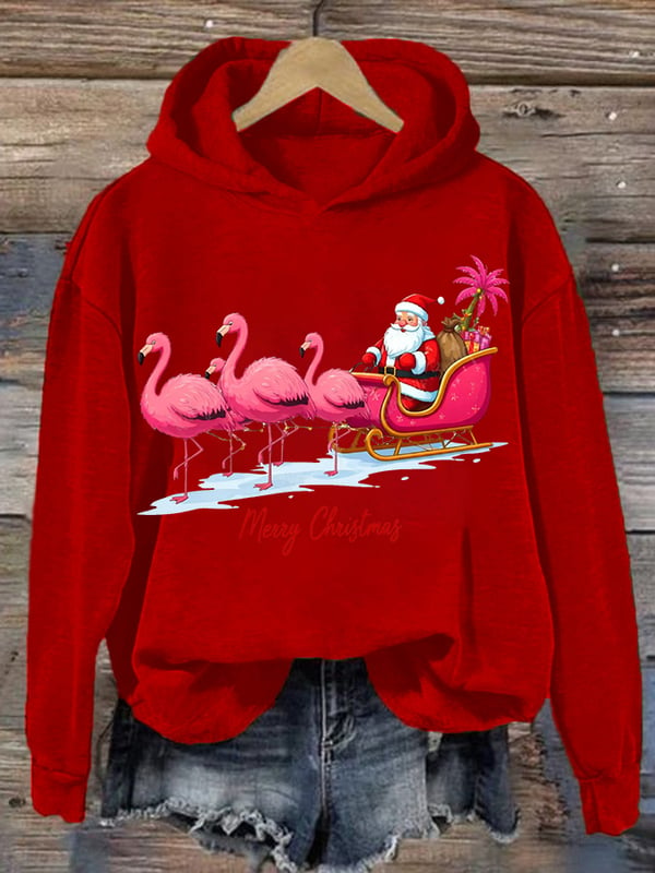 Women's Christmas Flamingo Print Hooded Sweatshirt