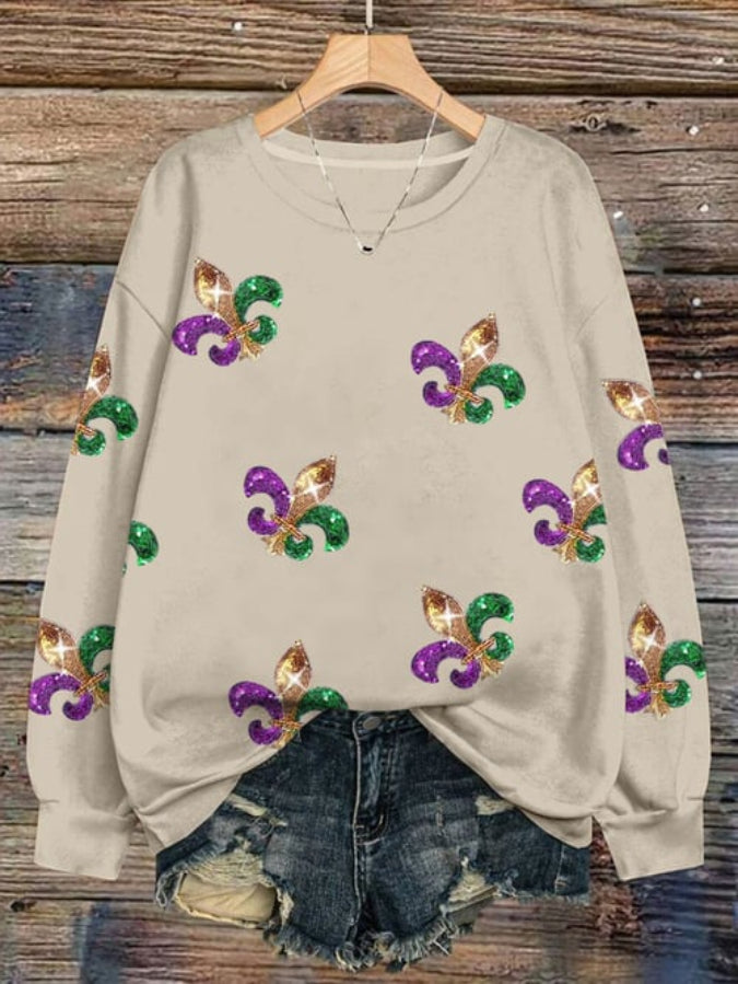 Women's Mardi Gras Printed Round Neck Sweatshirt